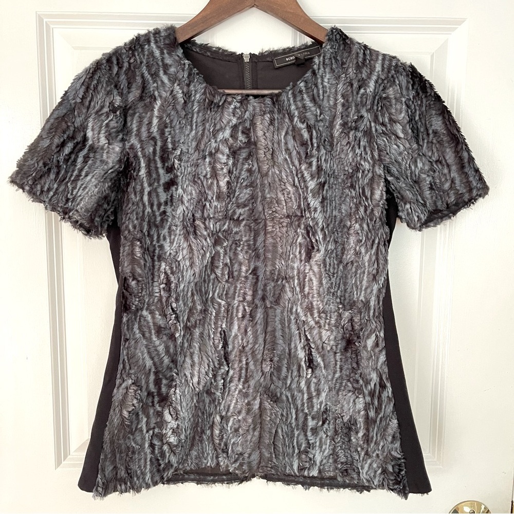 BCBGMaxAzria Ash Blue Faux Fur Tulum Top